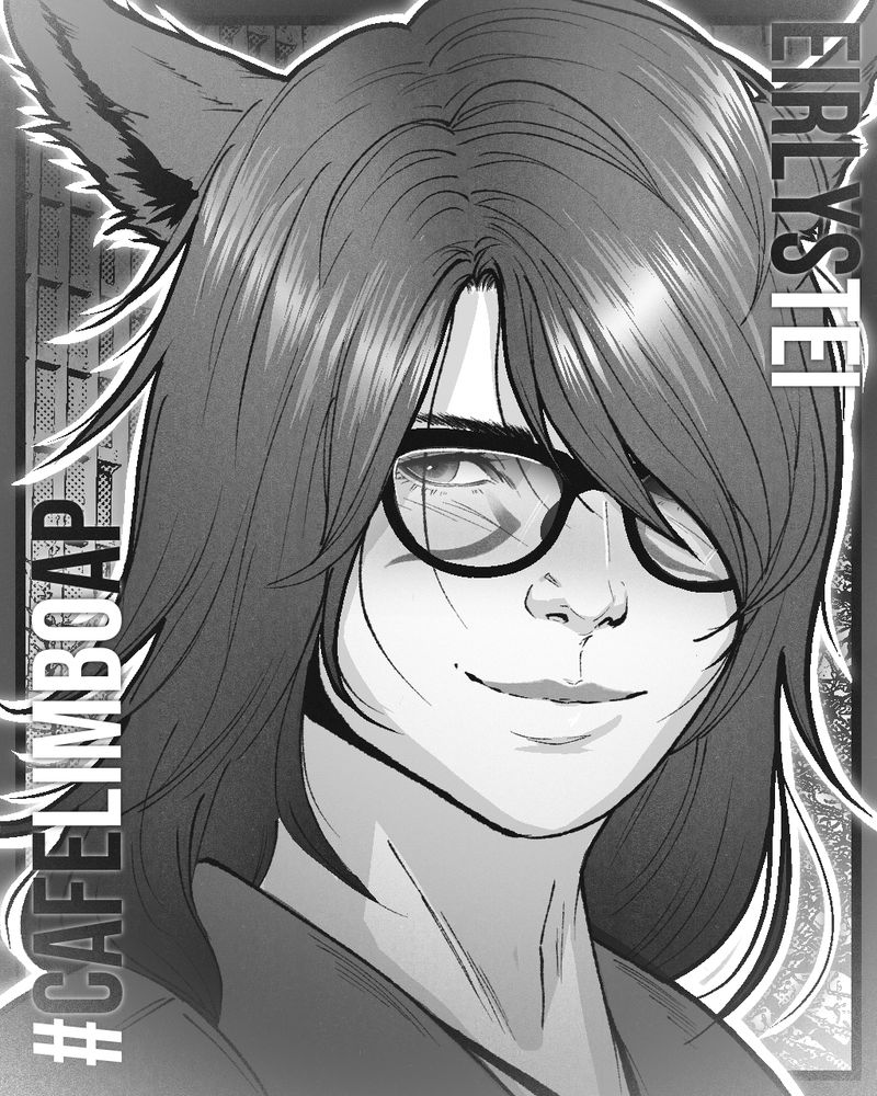 A greyscale portrait of the FFXIV character, Eirlys. They are looking off-screen with a closed mouth, warm smile. Their eyes are partially narrowed but the piece still feels primarily welcoming.