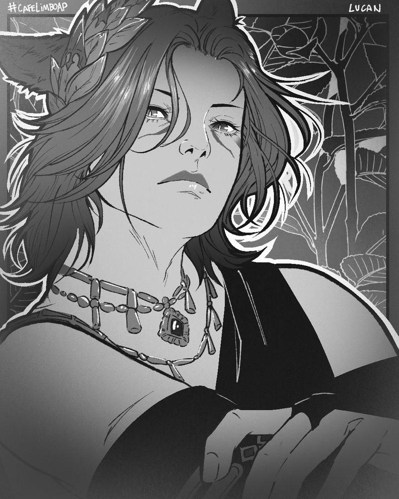 A greyscale portrait of the Final Fantasy XIV character, Lucan. They are looking down slightly into the viewer with a particularly neutral look to their expression. They are holding onto their arm as a soft wind picks up strands of their hair.