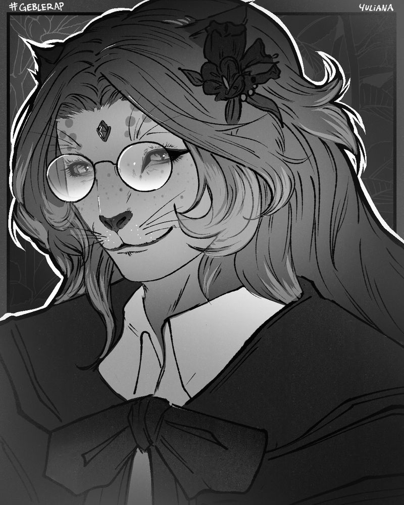 A greyscale portrait of the Final Fantasy XIV character, Yuliana. She is smiling warmly towards the viewer with narrowed eyes. 
