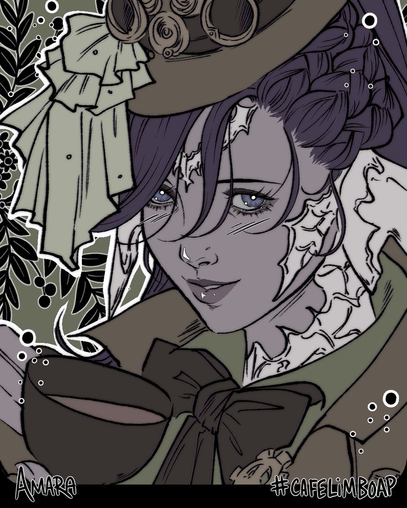 a flat colour drawing of the FFXIV player character, Amara. She is looking gently up at the viewer whilst about to sip a cup of tea.