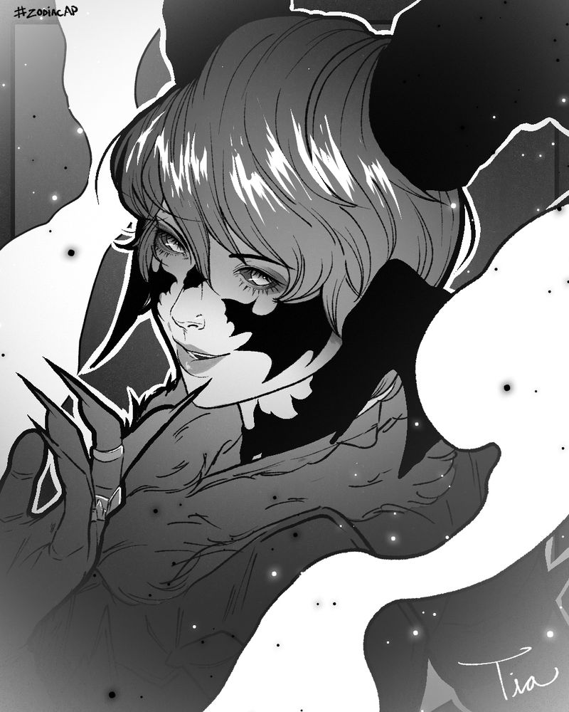 Greyscale portrait of the FFXIV player character, Tia.