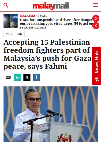 Accepting 15 Palestinian freedom fighters into Malaysia is part of the country’s efforts to support peace in Gaza, Communications Minister Datuk Fahmi Fadzil said today.