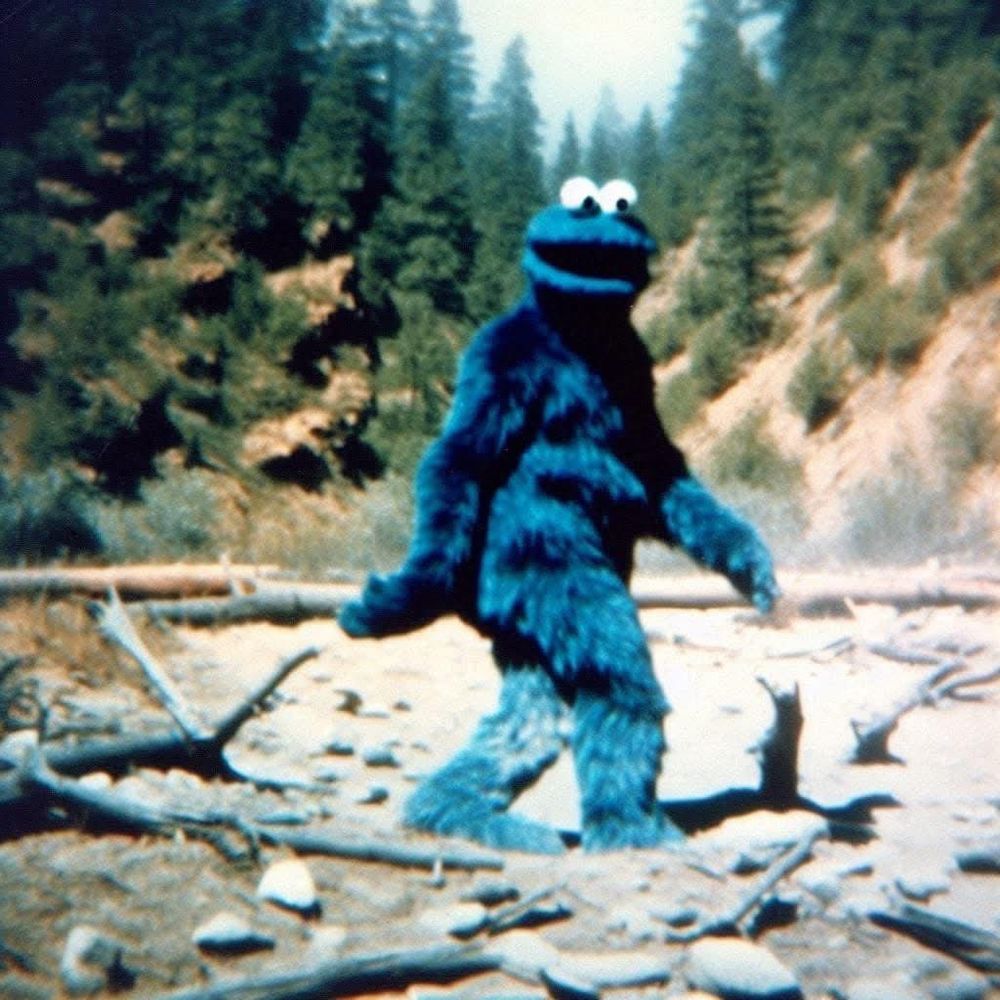 An AI-generated copy of the Patterson-Gimlin film stil... replacing Bigfoot with Cookie Monster.