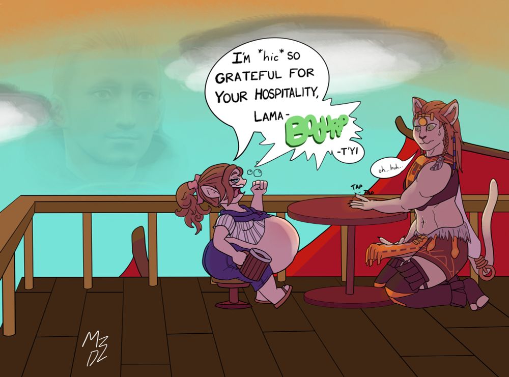 A weight gain/stuffing drawing involving Krile and Wuk Lamat from Final Fantasy Fourteen. Krile sits across from Wuk on a balcony, Wuk kneeling at the table since it is set for Krile's height. Krile appears drunk with a massive belly and her ass is twice as big as her seat. She is mid belch. Wuk is fidgeting with an erection she's gotten from watching Krile drink so much. She taps her finger on the table with one hand and gently presses her erection down with the other. She nervously sweats.
In a dialogue between the two, Krile says she's grateful for Lamat'yi's hospitality, but lets out the belch mid-sentence. Wuk can only get out a weak 'uh huh' in response.
The face of a younger Galuf Baldesion is barely visible over the sky in the background, smiling in Krile's direction.