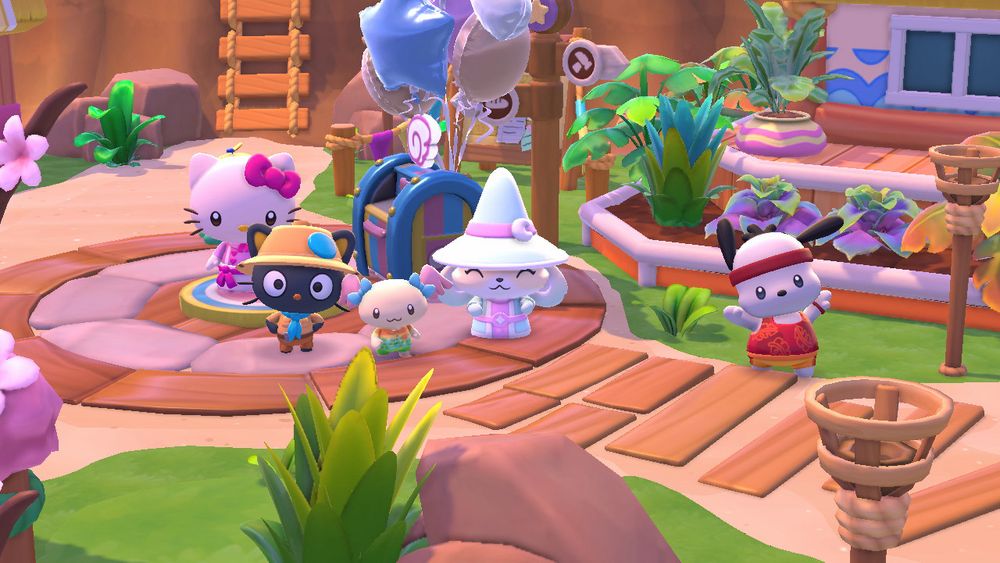 hello kitty, chococat, azuki, my character and pochacco from left to right.