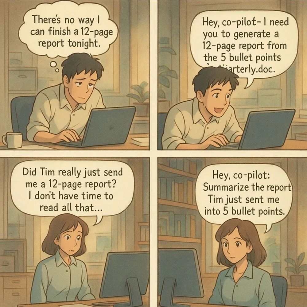 A meme: turning a 5-bullet-point document into a 12-page report, only to be summarized back into a 5-bullet-point document, all with A.I.