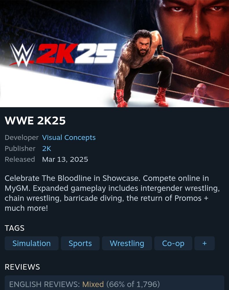 WWE 2K25, with mixed reviews on Steam