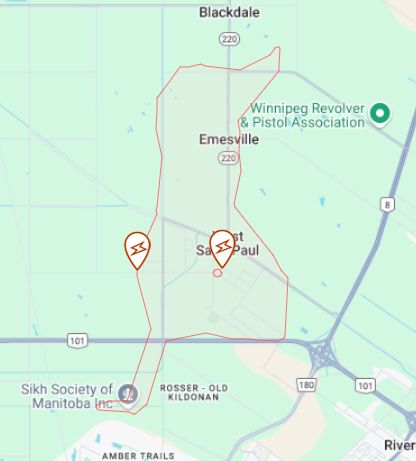 A map with a red overlay indicating a power outage in West Saint Paul.
