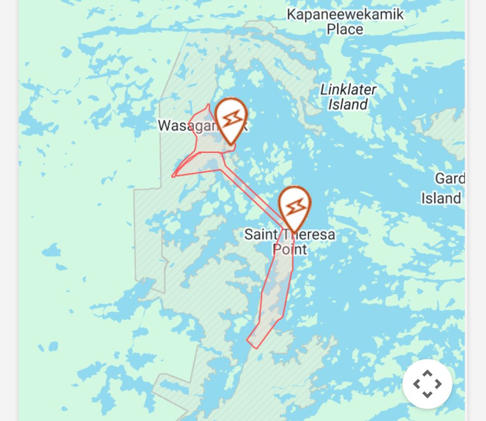A map with a red overlay indicating a power outage in the Wasagamack/Garden Hill area. 