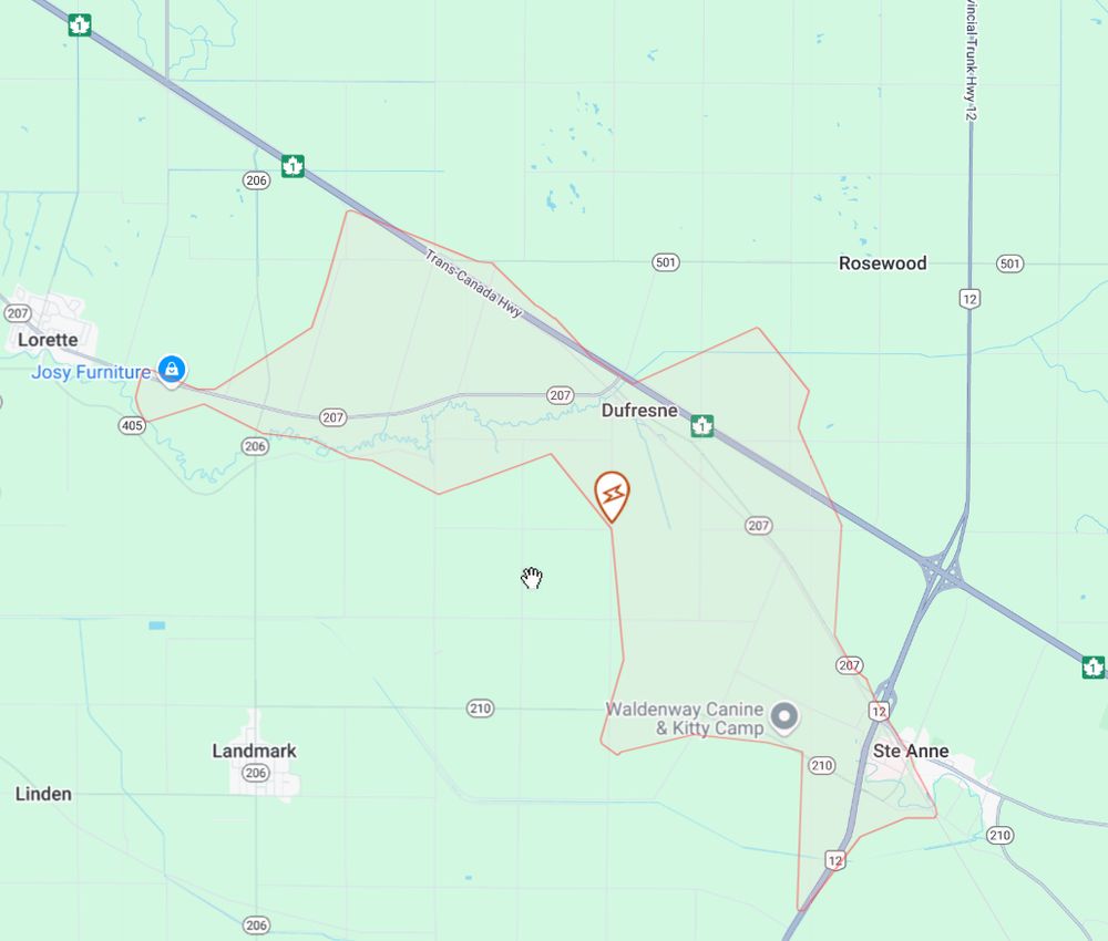 A map with a red overlay indicating a power outage in the Ste Anne area.