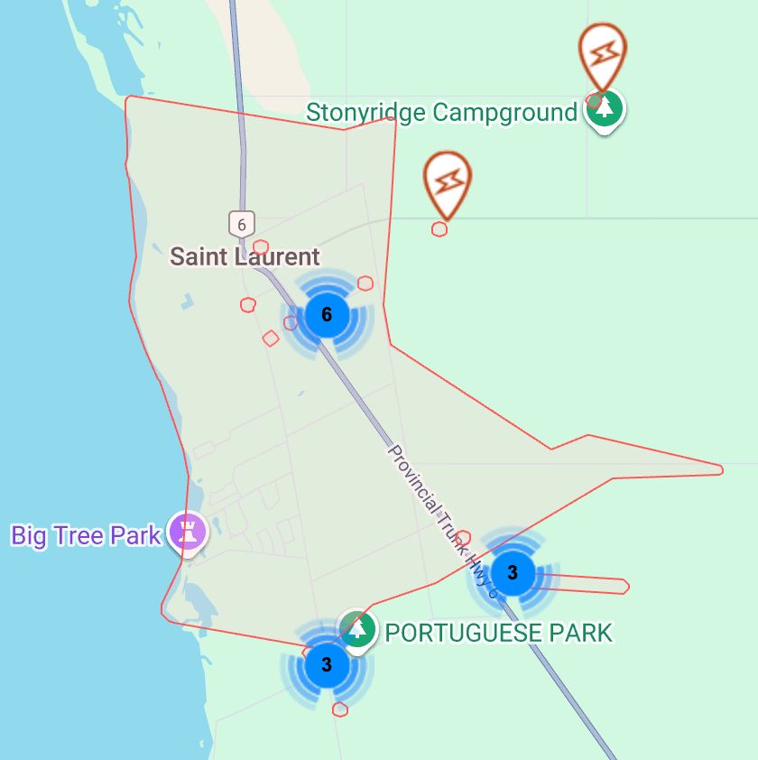 A map of Manitoba highlights areas around Saint Laurent that are currently affected by an outage.