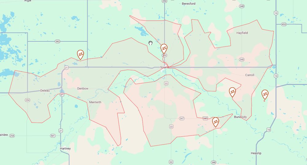 A map with a red overlay indicating a power outage in the SOURIS area.