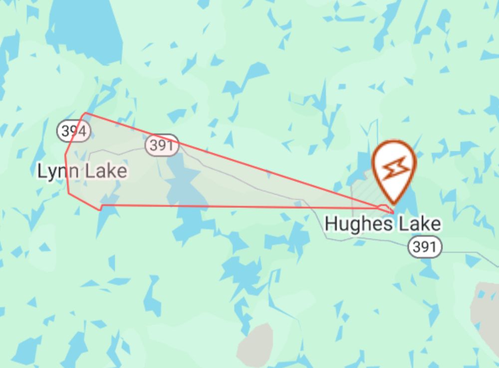 A map with a red overlay indicating a power outage in Lynn Lake, Black Sturgeon, and Marcel Colomb First Nation.