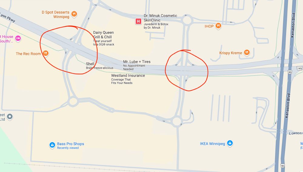 A zoomed-in map of Winnipeg showing an area near IKEA and the outlet mall, with two red circles around two intersections noting where traffic lights will be briefly without power. 