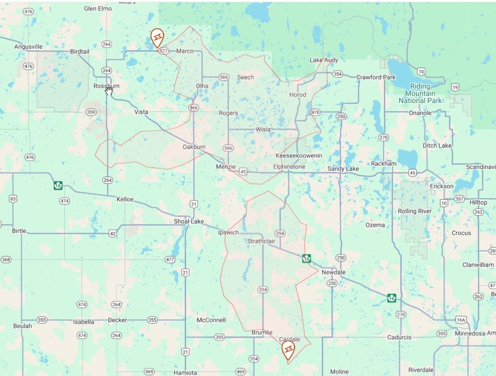 A map with a red overlay indicating a power outage in western Manitoba.