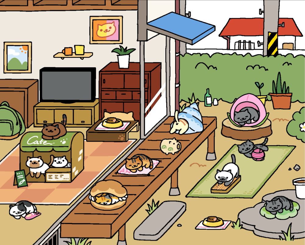 Neko Atsume game with a lot of cartoon cats