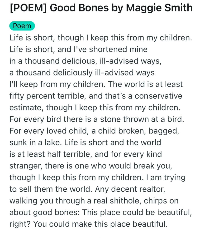 Life is short, though I keep this from my children.
Life is short, and I’ve shortened mine
in a thousand delicious, ill-advised ways,
a thousand deliciously ill-advised ways
I’ll keep from my children. The world is at least
fifty percent terrible, and that’s a conservative
estimate, though I keep this from my children.
For every bird there is a stone thrown at a bird.
For every loved child, a child broken, bagged,
sunk in a lake. Life is short and the world
is at least half terrible, and for every kind
stranger, there is one who would break you,
though I keep this from my children. I am trying
to sell them the world. Any decent realtor,
walking you through a real shithole, chirps on
about good bones: This place could be beautiful,
right? You could make this place beautiful.