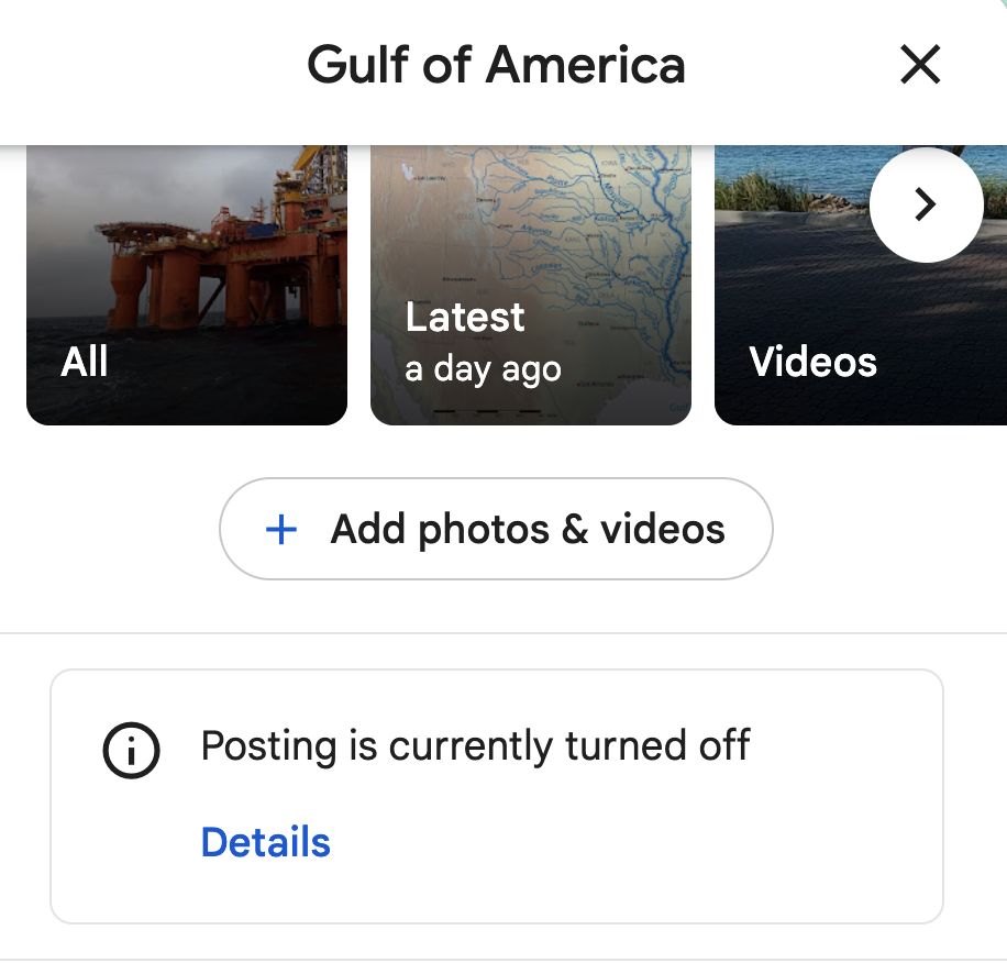 Screenshot of the Google Maps entry for "Gulf of America" (aka, the Gulf of Mexico), with a notice that "Posting is currently turned off"