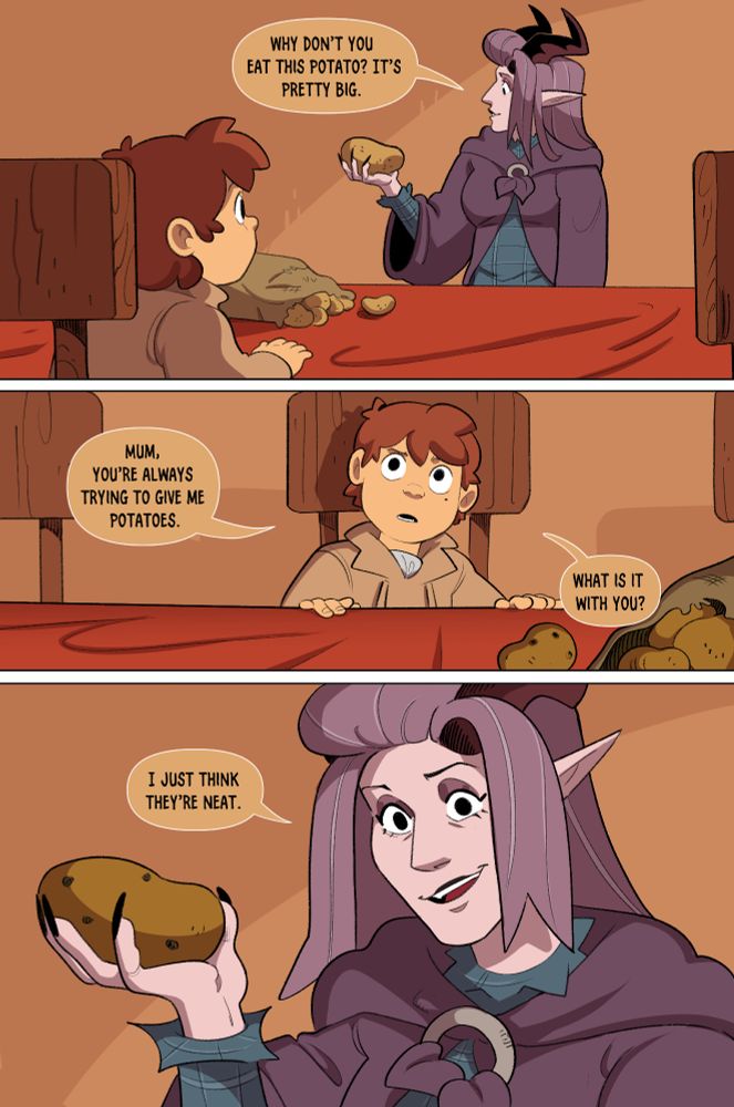 A horned, demonic-looking witch observes a potato, which she suggests a young boy sitting across from her should eat. The boy questions her fascination with the vegetable, to which she replies, "I just think they're neat." Based on the famous scene from The Simpsons.