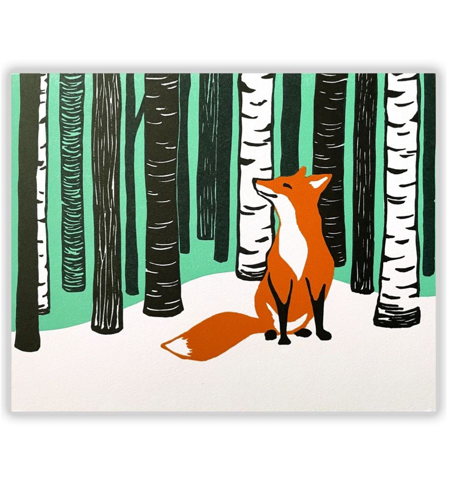 A content red fox with head turned to the left, sitting in the snow in front of stylized woods. A bright aqua sky is behind it all.