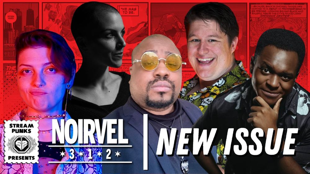 Noirvel New Issue Thumbnail. The cast and GM standing in front of a Comic book background