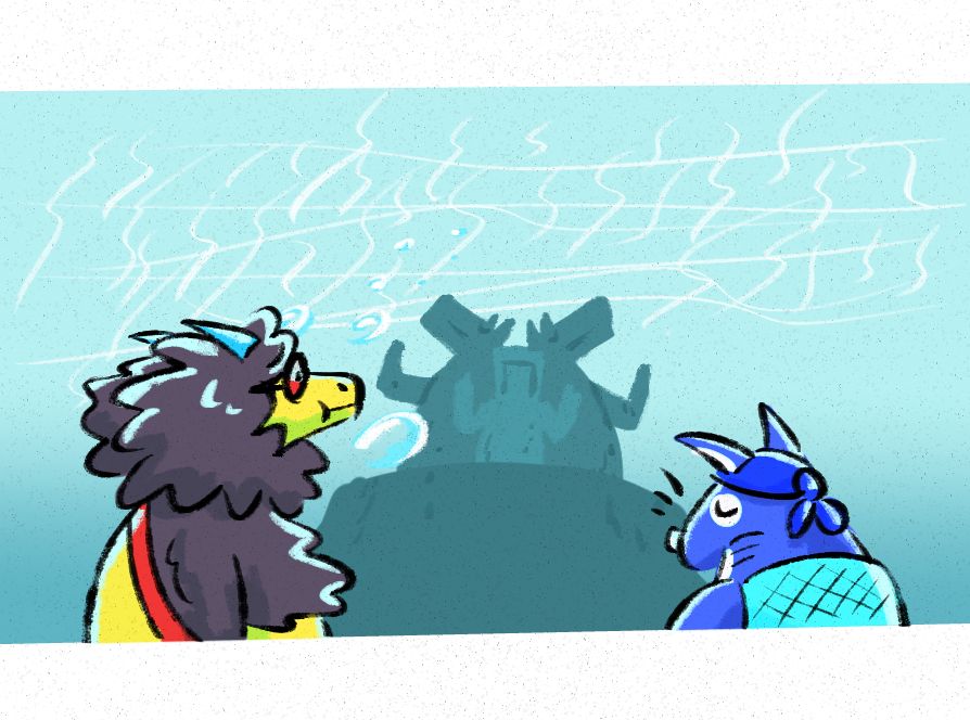 1 under water visit, lamb dragon witnesses statue of 3 deceased dragons with her manta fish friend pensive next to her. 2 the two heroines use their fire and water powers to destroy this mutant slime mould attacking a worship shrine, making it safe for people to worship again. tags: furry, scalie, anthro, dream, illustration, story, origin, mantaray, stingray, sheep, lamb, superhero, superpower, diving, underwater, shrine, statue, memorial, incense, fire, water, powers, fight, slime, monster, mold, combo