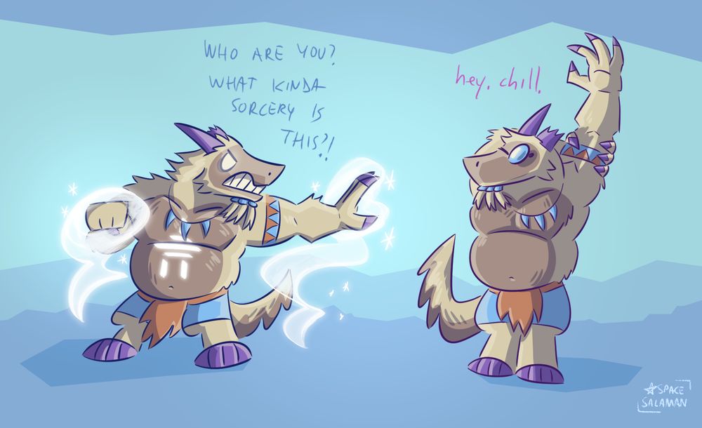 chubby dragoat watches his doppelganger confused, threatening them with an icy blast