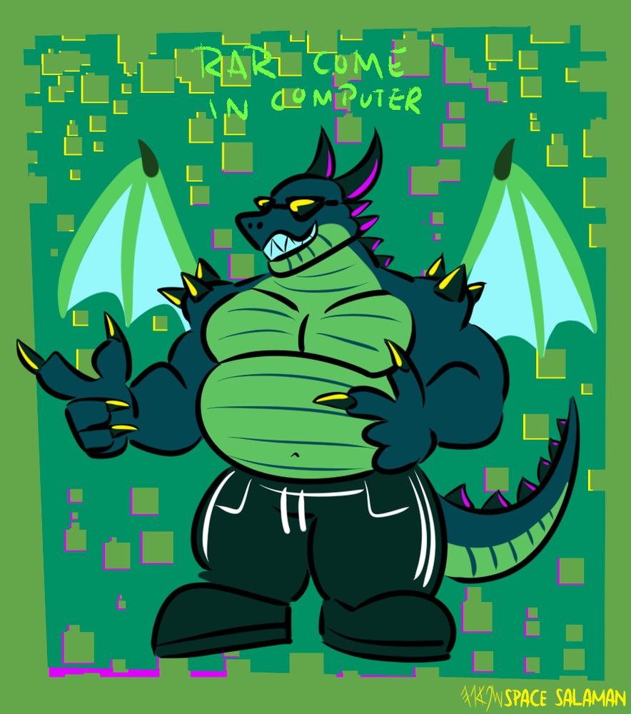 very cool digital dragon points finger guns while wearing sunglasses he's very cool winged and green. tags: furry, scalie, anthro, digital, information, creature, artificial, dragon, dragonborn, wings, winged, shades, sunglasses, pointing, fingers, fingerguns, chubby, shirtless, bara, dadbod, awesome, confident