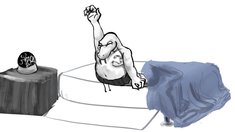 the sleepy snake awakens! they're sitting in their bed and stretching with one arm up, shirtless, with a snake tattoo on their left pectoral. tags: furry, scalie, artforme, marubahrt, sleepy, bed, sleep, shirtless, naga, legless, reptile, snake, chubby, tattoo, belly, glasses, alarm, blackandwhite