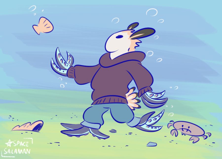 the alien octopus-sea-bunny slug creature happily walking at the bottom of the ocean among the clams and crabs!