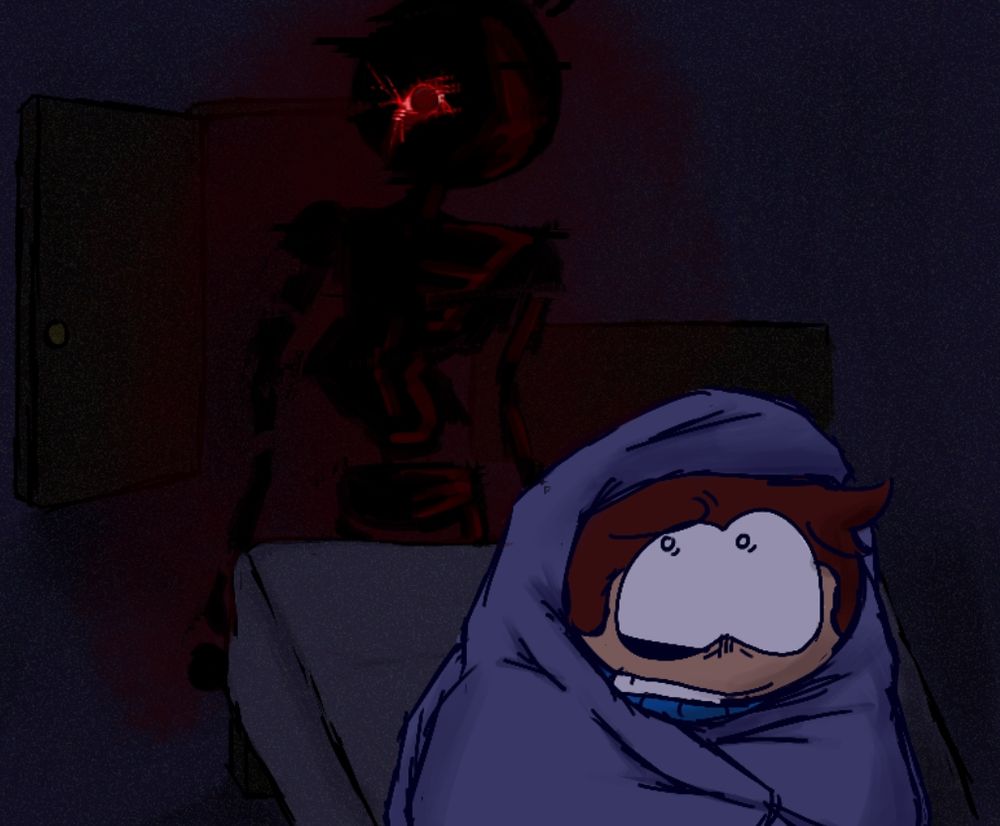 The creature is now right in front of Dave's bed. Dave is turned away from the figure, curling up in his blanket as he looks back in fear. The creature is much more detailed from before, blending in with the even darker room. Its most notable feature is the more realistic eye.