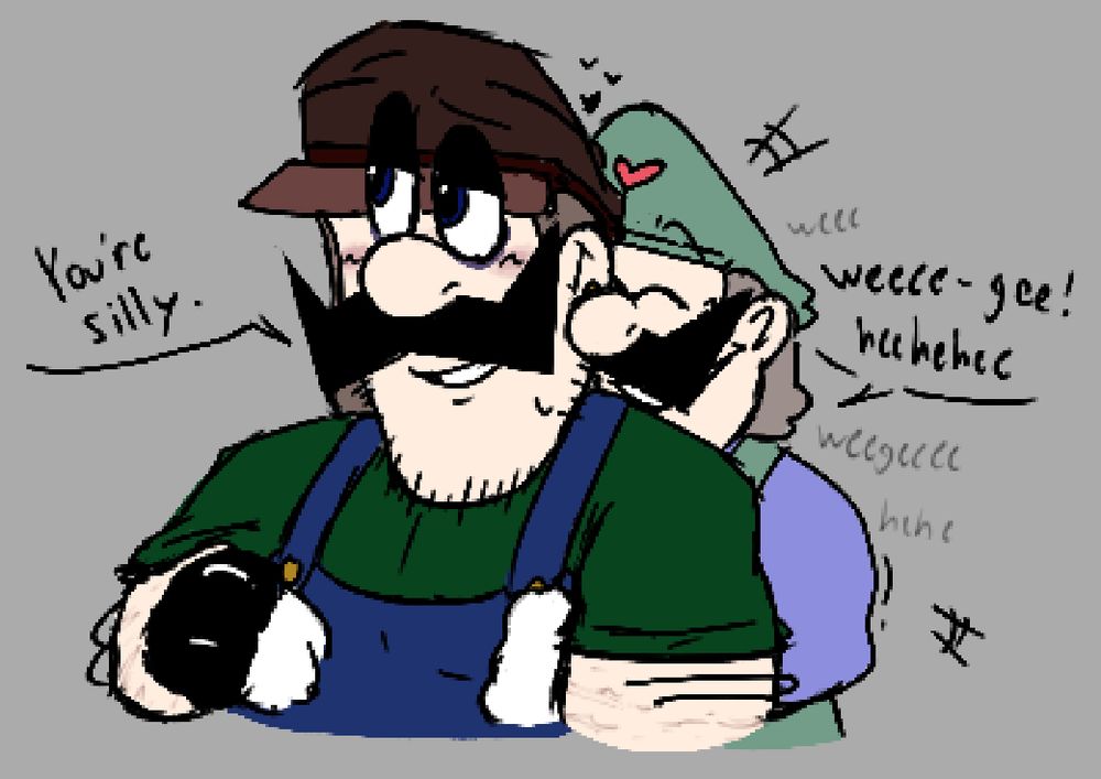 a drawing of clone 222 hugging indeegee from behind. they're both smiling and blushing