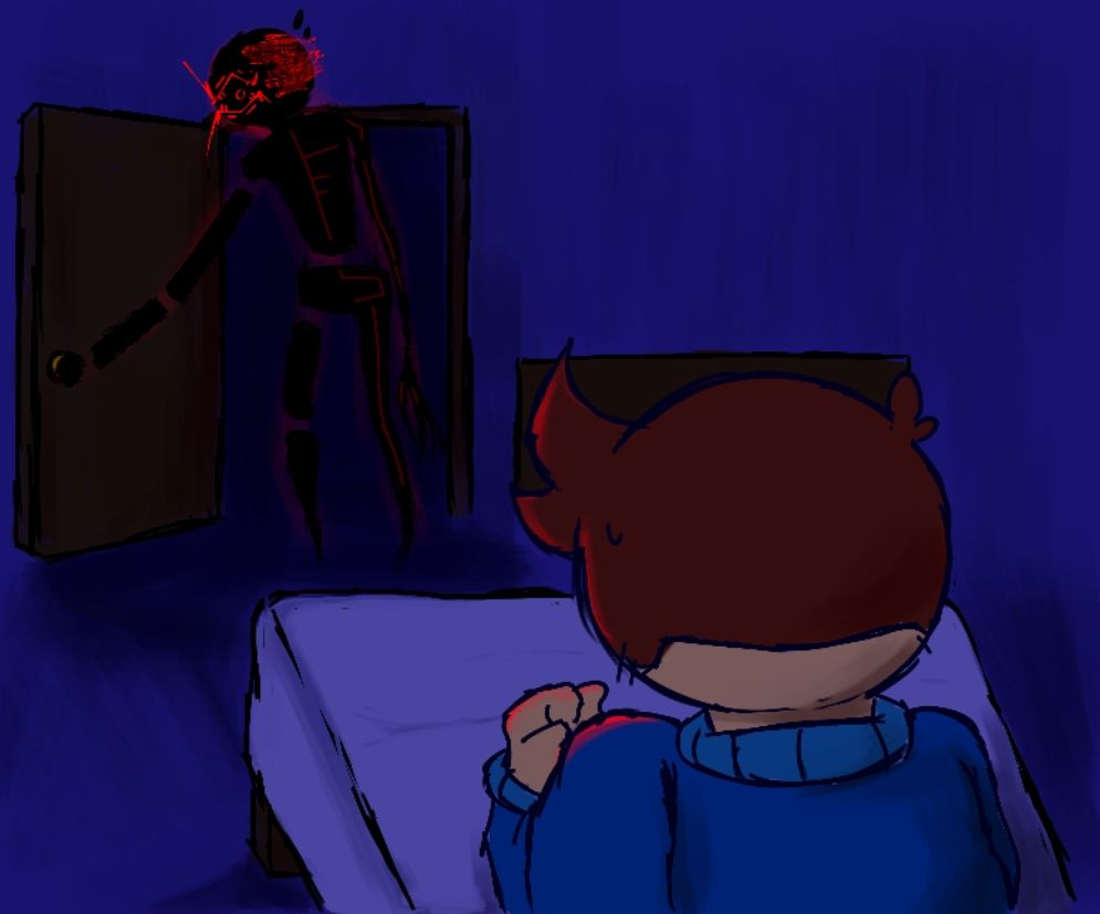 A shot of Dave sitting up in his bed. He looks nervous, as across from him is his door which is wide open. Standing over the doorframe is a tall creature with a piercing red eye and glitched body. It is holding the doorknob.