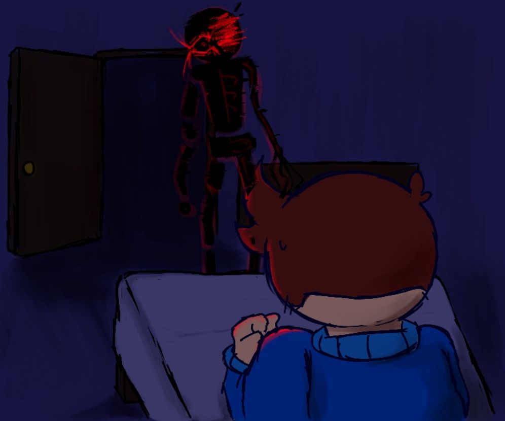 The creature moves closer to Dave, as the room grows darker and less saturated. Noticeably, the figure also begins to morph in appearance, its body becoming more twisted.