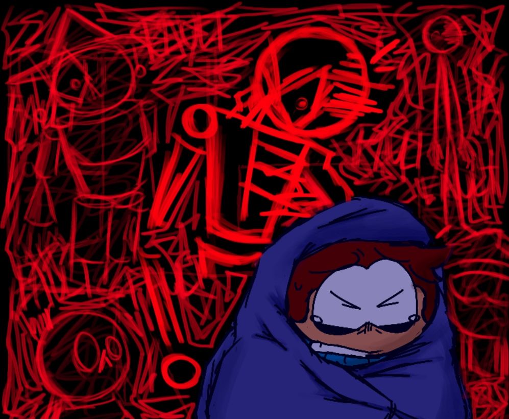 The creature is now looming over the bed and above Dave. The room has gone pitch black, with its surroundings taking form of a bright red scribbled mess, and some even looking like familiar figures of Dave. Dave is still hiding in his blanket, shutting his eyes tightly with tears forming, more afraid than ever. Every figure in the room with him is staring at him.