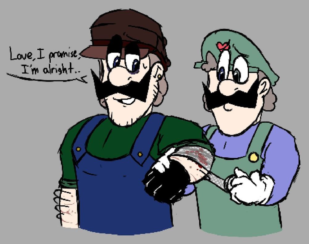 a drawing of clone 222 worriedly wrapping bandages around indeegee's arm, presumably from a recent injury he had. indeegee is smiling at him, unworried