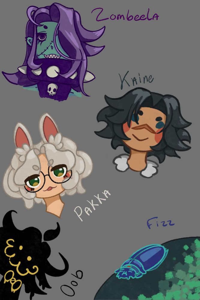 Head busts of vtubers, Zombeela, Kainedvt, Pakka, Fizzle_Drizzle, and OoblesWoobles 