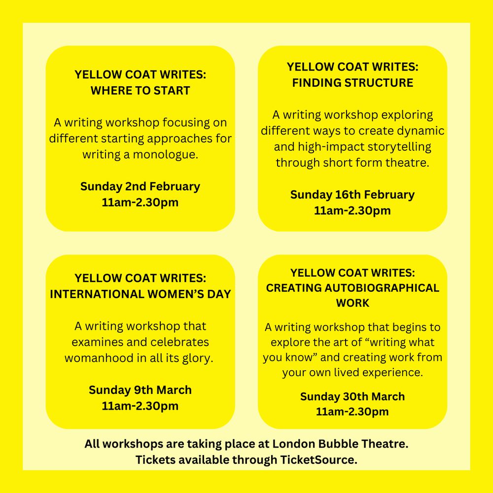 A yellow square with black text on it announcing the YELLOW COAT WRITES workshops. Full details at yellowcoattheatre.com.