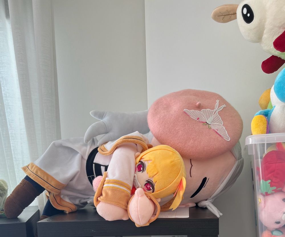 frieren plushie cuddling with ruby hoshino with a pink moth barret on