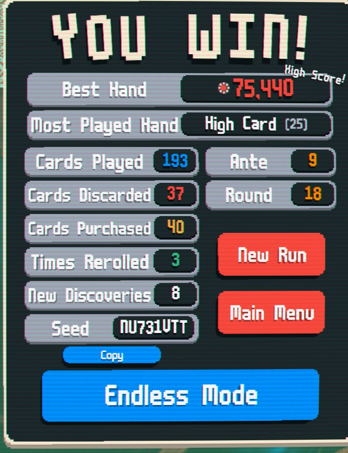 Balatro win screen showing the seed and win stats