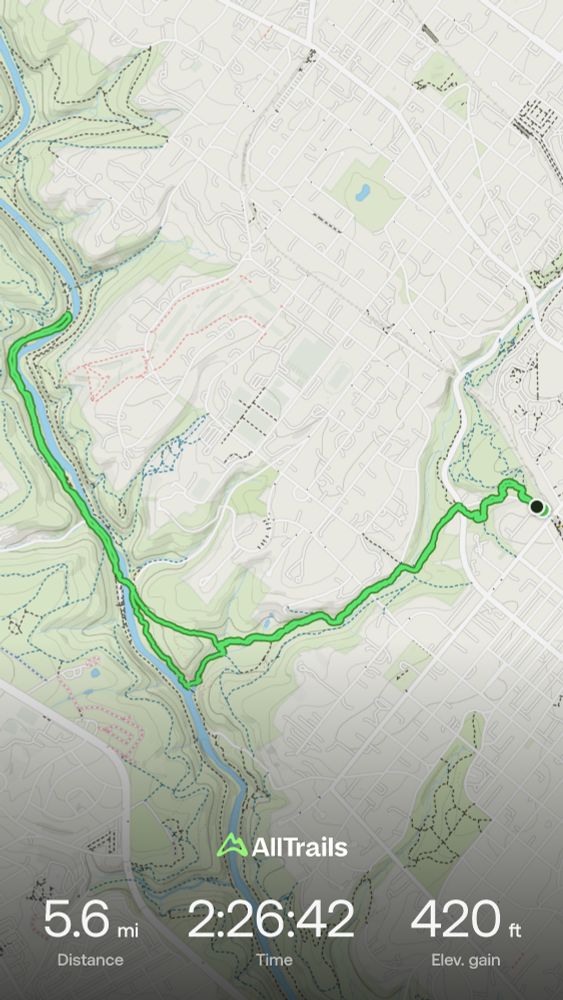 Map of a 5.6 mile hike along Cresheim Creek and the Wissahickon. Duration of 2 hours, 26 minutes, and elevation gain of 420 feet.
