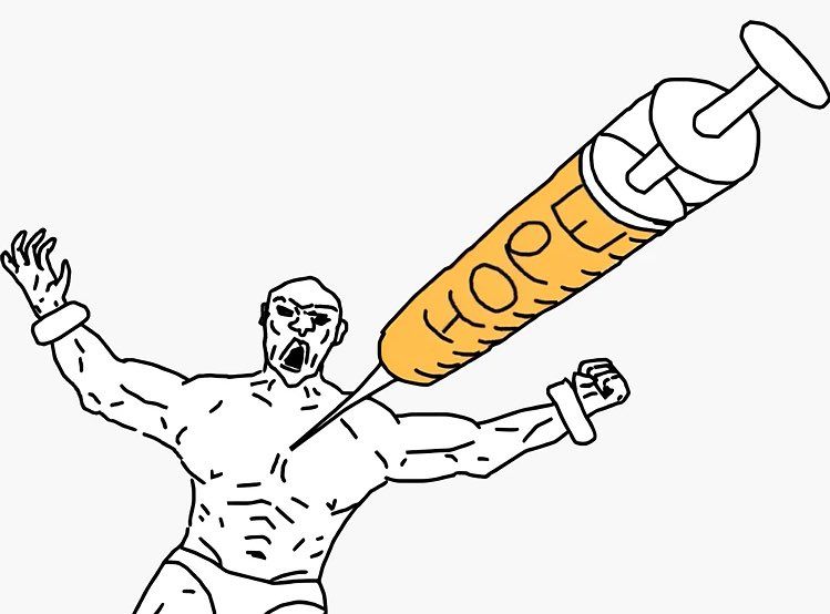 a wojack strapped down and getting injected by a huge syringe that says "hope"