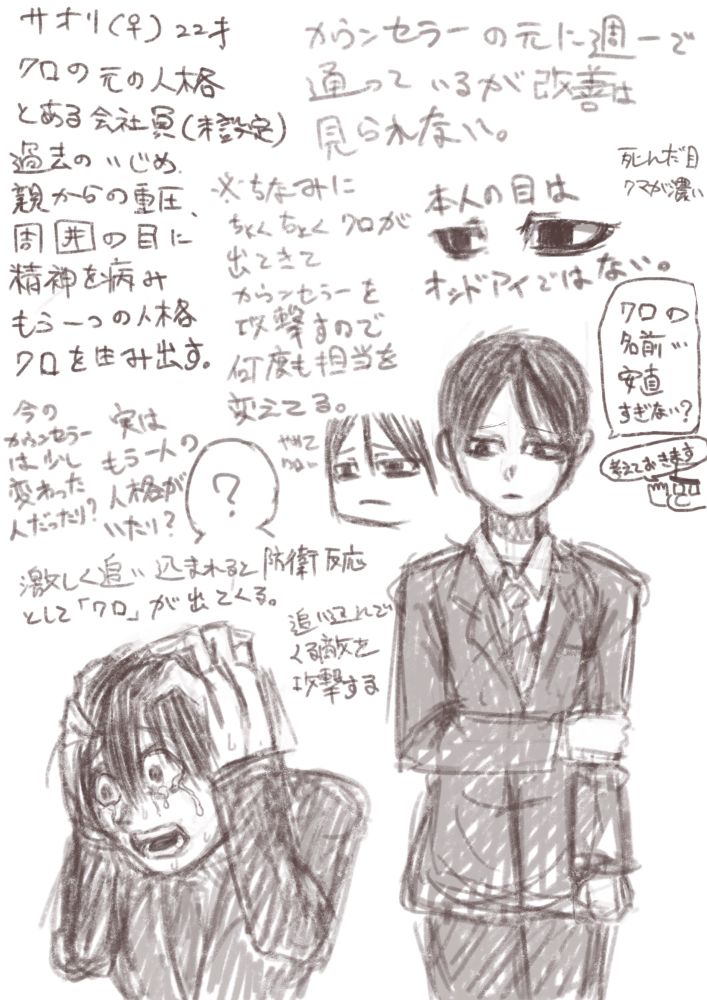 クロ、シロの人格主、サオリ。
元々は明るい性格だったが親や周囲の重圧、それに伴って陰湿なイジメに合い防衛人格のクロを生み出す。
日々クロを抑え込むのに心身を浪費している。