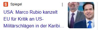 Screenshot einer Nachricht des "SPIEGEL". Zu lesen ist:
USA: Marco Rubio kanzelt EU für Kritik an Militärschlägen in der Karibik ab