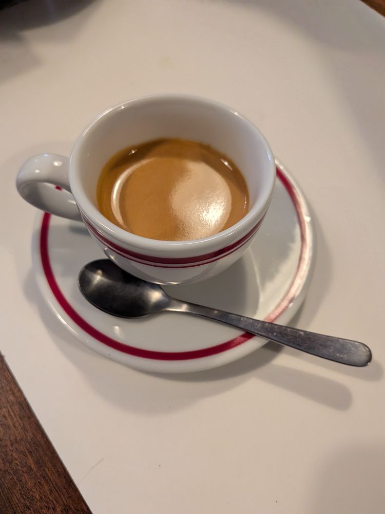 Espresso shot with super glossy cream. White cup and saucer with red rims. 