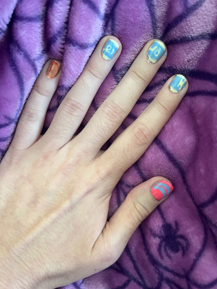 [ID: nail art inspired by dark magician girl on a left hand's nails. /end ID.]