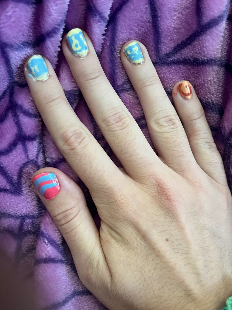 [ID: mirrored nail art on the matching right hand. /end ID.]