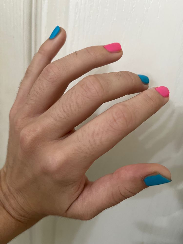 [ID: a left hand with alternating blue and pink matte nail polish on the nails. /end ID.]