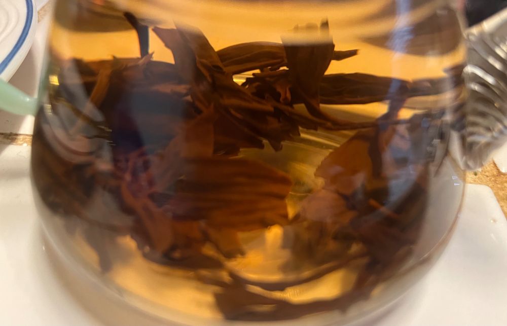 [ID: unfurled tea leaves in tea in a small glass teapot. /end ID.]