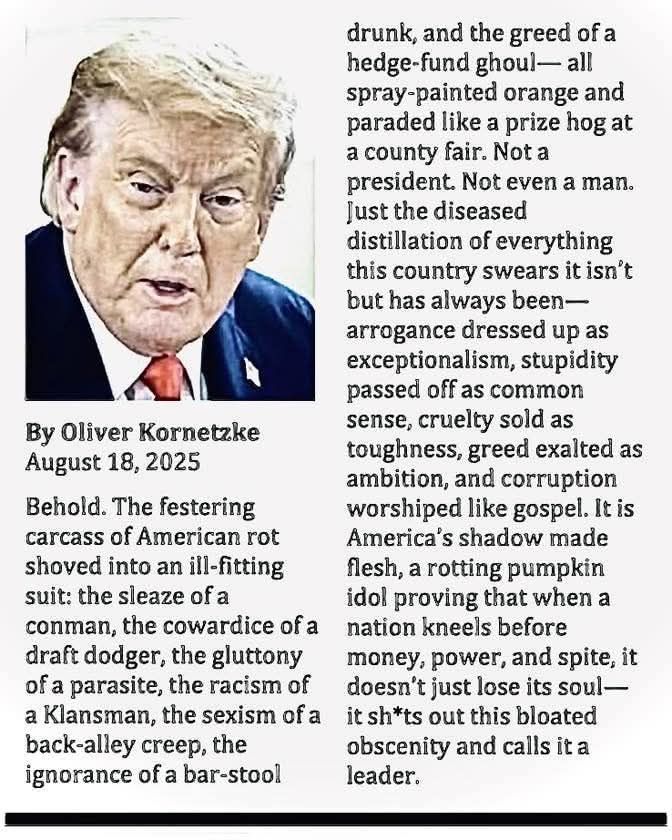 Behold, the festering carcass of American rot shoved into an ill fitting suit: the sleaze of a conman, the cowardice of a draft dodger, the gluttony of a parasite, the racism of a klansman, the sexism of a back alley creep, the ignorance of a barstool drunk and the greed of a hedge fund ghoul all sprat painted orange and paraded like a prized hog at a country fair. Not a president. Not even a man. Just the diseased distillation of everything this country swears it's not, but always has been- arrogance dressed up as exceptionalism, stupidity passed off as common sense, cruelty sold as toughness, greed exalted as ambition, and corruption worshiped like gospel. It's America's shadow made flesh, a rotting pumpkin idol proving that when a nation kneels before money, power and spite, it doesn't just lose it's soul, it shitts out this bloated obscenity and calls it a leader. Oliver Kornetzke 8-18-2025